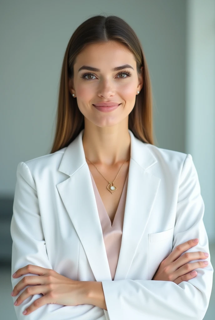 create a woman, 35 years old, doctor, white blazer,  arms crossed, the image should appear from the waist, The blouse inside the blazer must be in pastel tones, golden necklace, Light nude lipstick. 