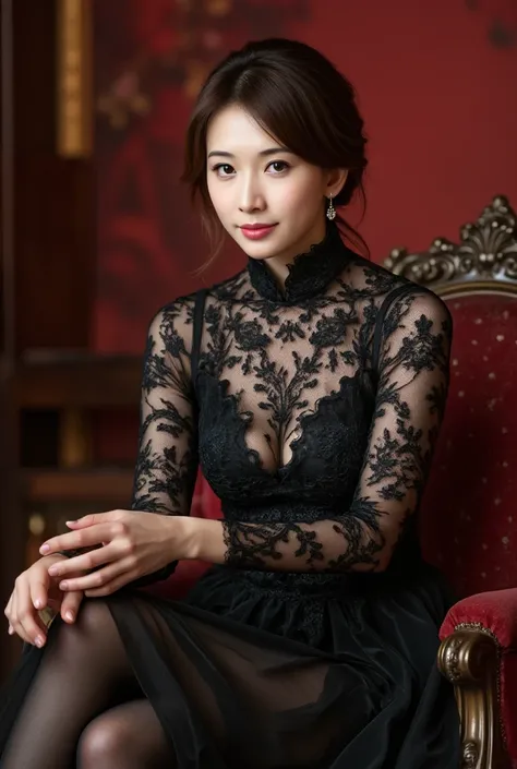    woman in a black dress sitting on a chair ,   Dai Xi inspired portrait  , Tumbler, Renaissance, Black lace dress,   sexy dress, black turtleneck   lace dress,    beautiful young Japanese woman   ,   beautiful Japanese woman ,   Japanese female fashion m...