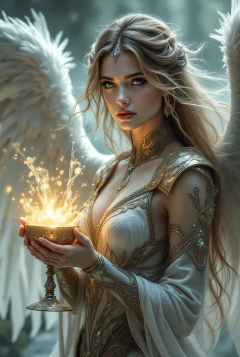  Beautiful sexy Angel girl in a beautiful outfit with light armor ,  Lovely long hair, very large and lush wings snow-white wings ,  in her hand a beautiful glowing goblet with patterns from which water flows with a beautiful glow, magic,  Masterpiece , 8 ...