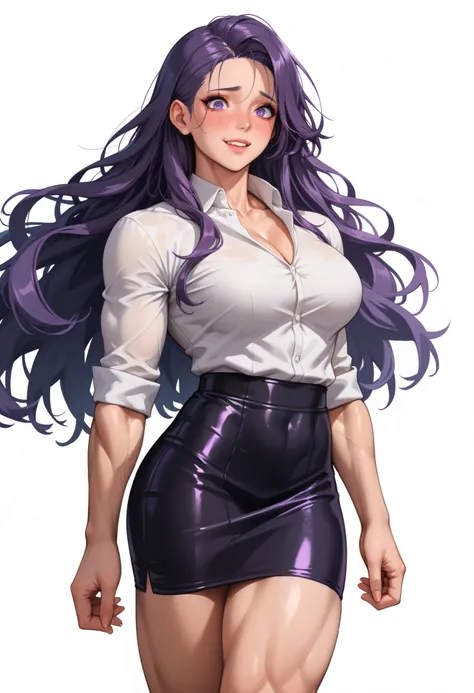 ((White background ))  (Curve:0.9), rathing_questionable ,((Purple Long hair:1.6)), lip stick, makeup, Ultra Detail Hair, (Purple eyes:1.05), (blush:1.2), (Black tight skirt:1.3), (Long-sleeved white shirt:1.3), high-heels, tall, long sexy legs, cleavage ,...