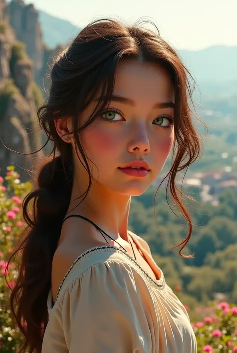 
"A 16-year-old girl with green eyes, brunette hair, and a beauty mark near her nose, speaking about Italy against a scenic backdrop. She has a calm and thoughtful expression."

