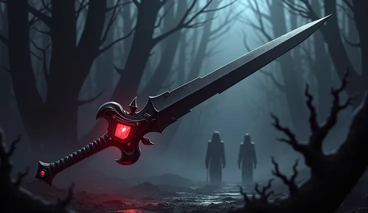 Create a highly detailed illustration of a long, dark sword floating in mid-air, known as the Shadow Blade. The sword should have a sleek, obsidian-black blade with a matte finish, exuding an ominous and malevolent presence. At the hilt, a striking red gem...