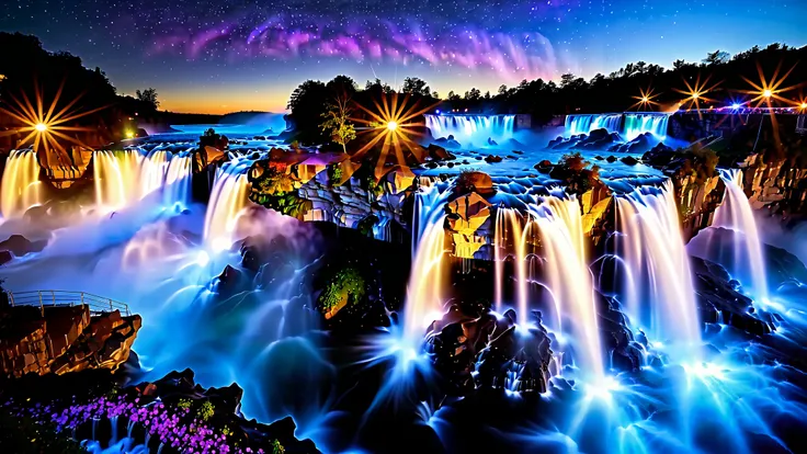A masterpiece in 32K resolution , top quality , very detailed, realistic expression, high-resolution 32K wallpaper , shot with a fisheye lens , The flow of many layers of waterfall , Niagara Falls , spectacular scale ,A very high waterfall ...