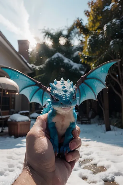 Someone is holding a small, cute snow dragon in their hand, a newly hatched dragon glowing blue with sparkles around it, soft and smooth draconic features, shot on Kodak Portra with an anamorphic camera and Sony FE 24-105mm f/4 G OSS lens, National Geograp...