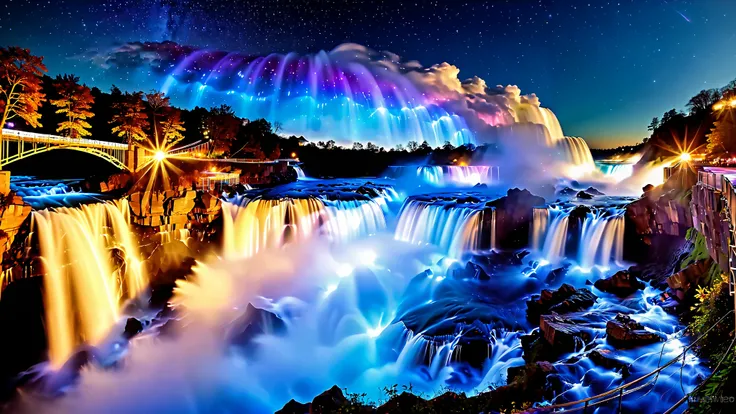 A masterpiece in 32K resolution , top quality , very detailed, realistic expression, high-resolution 32K wallpaper , shot with a fisheye lens , The flow of many layers of waterfall , Niagara Falls , spectacular scale ,A very high waterfall ...