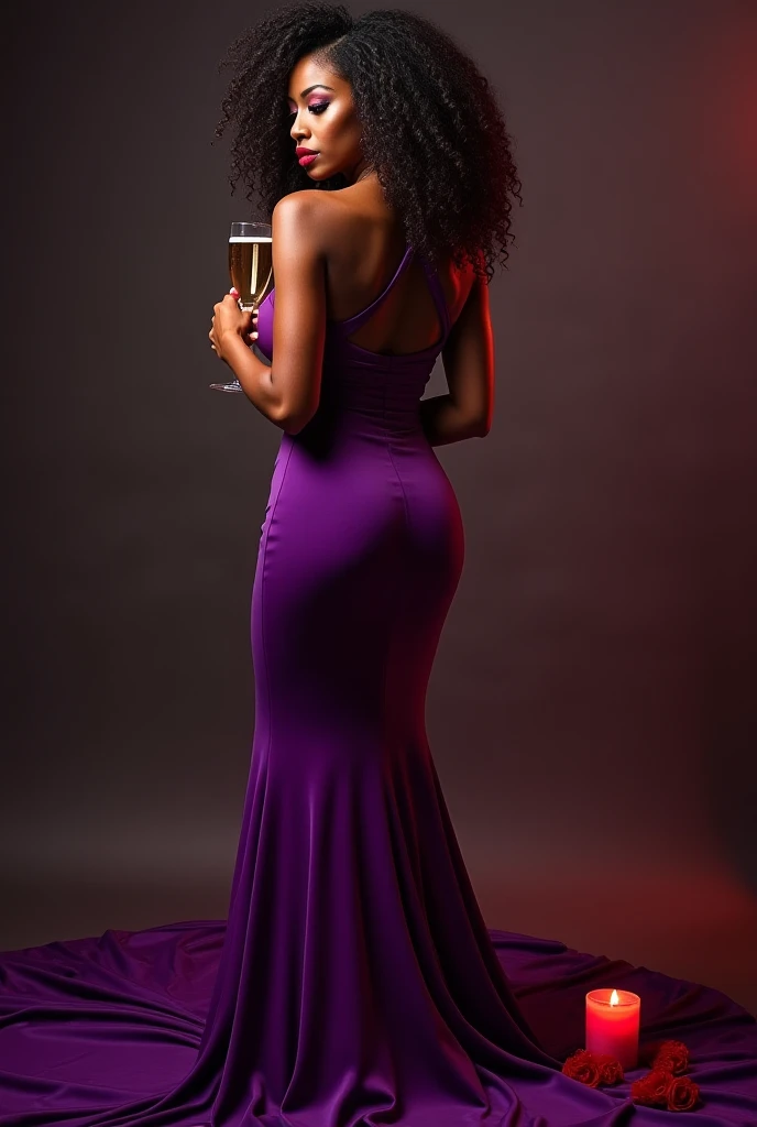  I want an image of a mulatto woman , with big curly hair , roasted fine,  seductive eyes and wearing an elegant purple dress .  This woman is standing at a crossroads with a glass of champagne in her hand with a red candle close to her feet