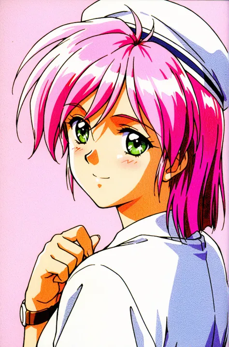 Yae Kaori , 1 GIRL,Alone, GREEN EYES,White Hat,smile,beret, short hair, Watch Viewers ,1990s \( style\), look back, purple hair,retro art style,  Light Pink Hair , simple background, white shirt,
