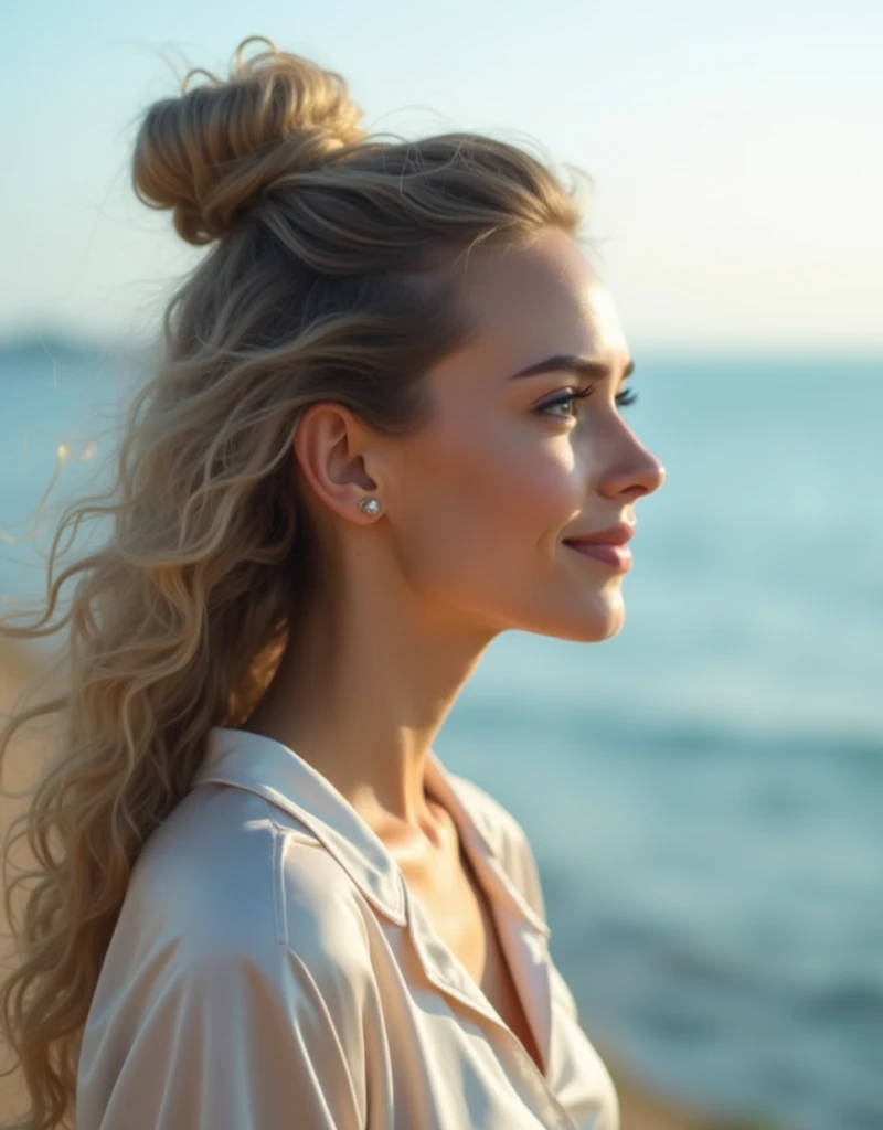 Photoshoot of a girl, professional photography,,Smiles, Light curls in a bun on her head, beautiful Ukrainian,A girl in profile, looking at the sea, , Beautiful curls, long hair, White silk blouse, strict, against the ocean, blurred background,,,Ukrainian,...