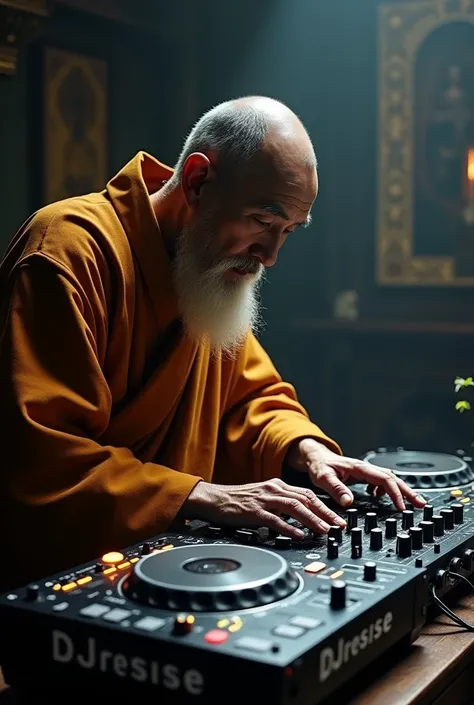 Make an old monk playing a DJ console, The monk must be looking at the console and the perspective must be diagonal, Do it in a realistic style but NOT hyperrealistic