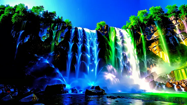 32K Resolution Masterpiece , top quality , super detailed, Realistic expression,Extremely high resolution 32K wallpaper , shot with a fisheye lens ,Many layers of waterfall flow , Scales like Niagara Falls, spectacular scale ,Very high waterfall shining...