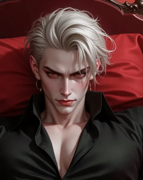  Platinum blond guy,haircut with transition ,v-shaped face,scarlet eyes, mischievous look  , dark eyebrows frown, Black shirt, close-up,in a belt frame,the apartment has red walls, the guy is lying on the bed red sheets