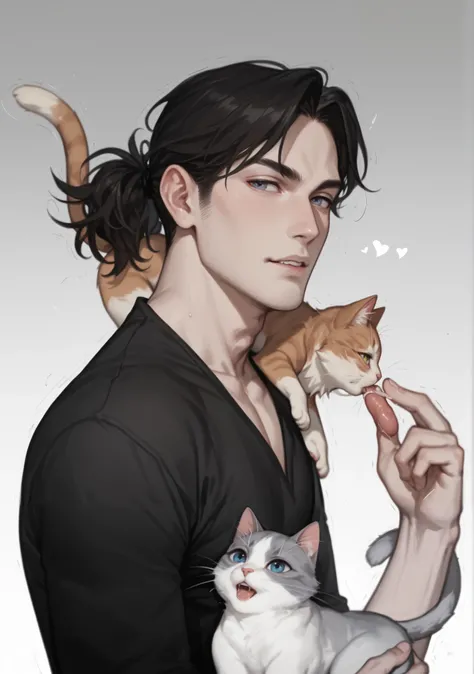 1boy, sexy man, two cats, looking at camera, feeding one cat, black top, long hair tied to back