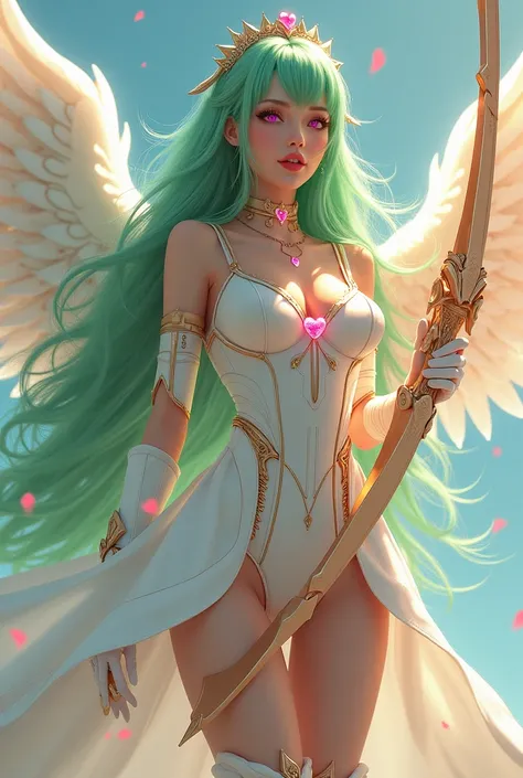  A long-haired woman ,  elegantly combed in emerald green ,  pink eyes with heart-shaped irises and intense red lips .  She wears a uniform that mixes angelic and modern style :  a corset top structured in pearlescent white with gold details , adjusted to ...