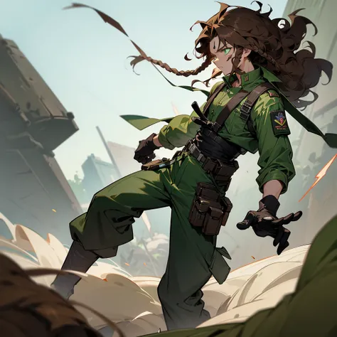 1male, adult, finely detailed neon green eyes, (curly medium hair), dreads, dark brown hair, military combat clothing, baggy combat pants, serious expression, (perfect generation), standing on street, detailed background, gloves, scars, rolled up sleeves