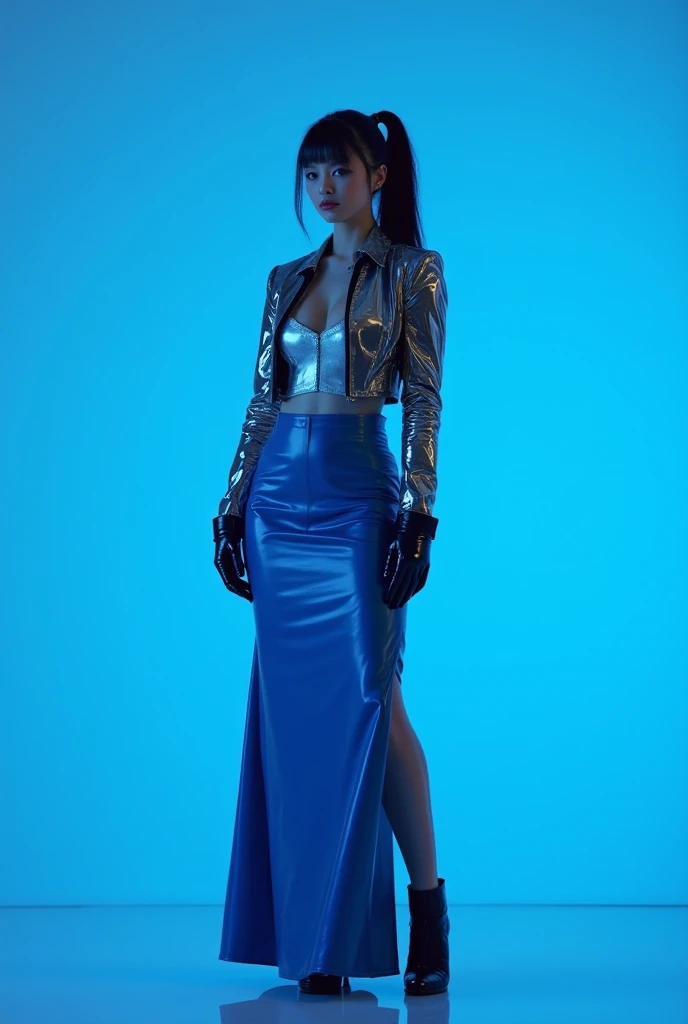 Cyberpunk skinny stands against blue backdrop dressed striking ensemble tight shiny blue latex maxi skirt silver top metallic silver tight latex jacket complemented black high heels vinyl gloves dark hair styled sleek ponytail. The woman is alone in the ph...