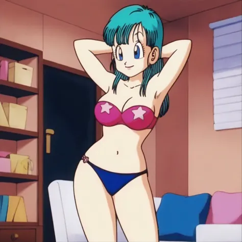   source  _    animated,    score_9,    score_8_arriba,    score_7_arriba,     animated screencap, Bulma \( dragon ball\),  long hair, one side up, periphery_Cut, Aqua Hair, blue eyes wristwatch, bare shoulders bikini   , strapless, clavicle,    inner room...