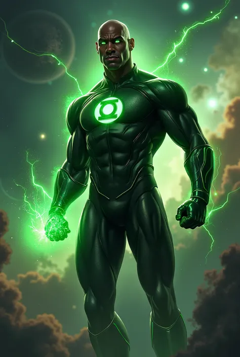  An ultra-realistic illustration of John Stewart as Green Lantern ,  portrayed as an imposing and muscular hero .  He's floating in space ,  with a full body and facing directly at the camera ,  exhibiting a confident and dominant posture .  Your bright bl...