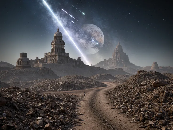ANCIENT RUINED CITY ATTACKED BY A METEOR SHOWER, IN THE BACKGROUND YOU CAN SEE THE UNIVERSE AND THE PLANETS