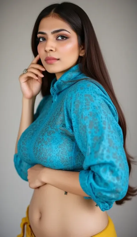 Indian tamil fat chubby female  blue blouse standing 