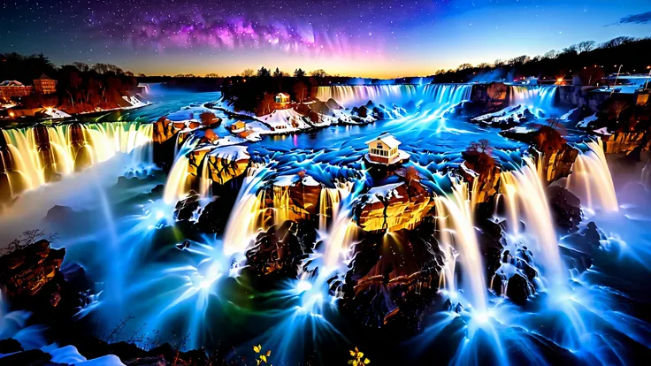 A masterpiece in 32K resolution , top quality , very detailed, realistic expression, high-resolution 32K wallpaper , shot with a fisheye lens , The flow of many layers of waterfall , Niagara Falls , spectacular scale ,A very high waterfall ...