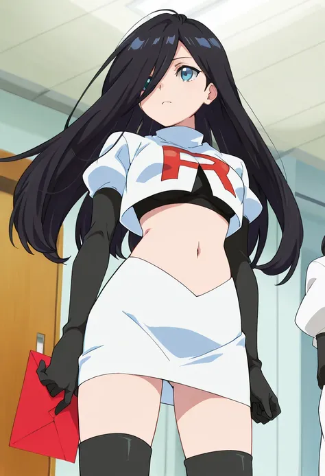 best quality, masterpiece
BREAK
1girl, natsukohirose, black hair, long hair, blue eyes,
team rocket,team rocket uniform,white skirt,red letter R,crop top,black thigh-highs,black elbow gloves, cowboy shot,
indoors