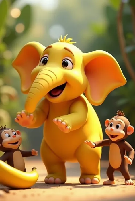 Create a yellow elephant character for the brown monkey a golden banana, 3D animation