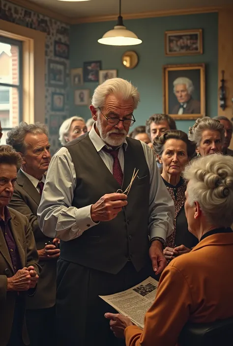 Barber with a lot of old women in the back waiting to cut their hair 