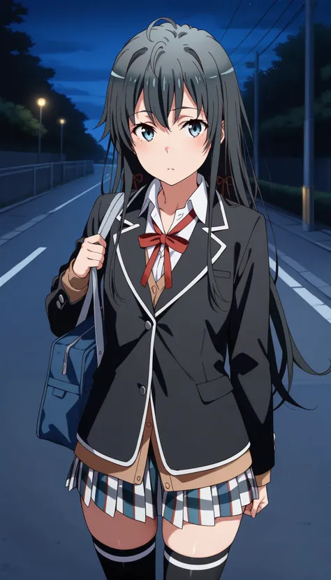 masterpiece,best quality,amazing quality, yukinoshita yukino, long hair, black hair, blue eyes, 1girl, sobu high school uniform, bag, night, jacket, looking at viewer, outdoors, solo, road, black jacket, street, shirt , thighhighs