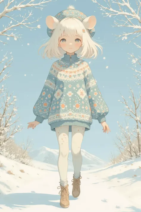 In the heart of a winter wonderland, where the snowflakes dance like delicate stars, stands a girl of enchanting allure. (She is a young girl with hamster-like ears peeking through her shimmering, white-blond hair.) Her outfit is a vision of Nordic splendo...