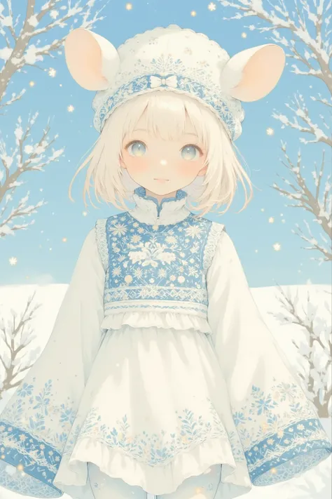 In the heart of a winter wonderland, where the snowflakes dance like delicate stars, stands a girl of enchanting allure. (She is a young girl with hamster-like ears peeking through her shimmering, white-blond hair.) Her outfit is a vision of Nordic splendo...