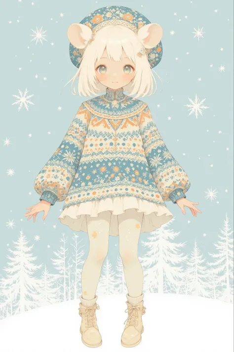 In the heart of a winter wonderland, where the snowflakes dance like delicate stars, stands a girl of enchanting allure. (She is a young girl with hamster-like ears peeking through her shimmering, white-blond hair.) Her outfit is a vision of Nordic splendo...