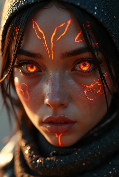 Photorealistic, ultra uhd, unreal engine 5, A harden warriors face, with iridescent tattoos glowing red orange in color, her eyes are like the eyes of a cat, amber color eyes, soft skin, cyberpunk, steampunk, netrunner, 4K 