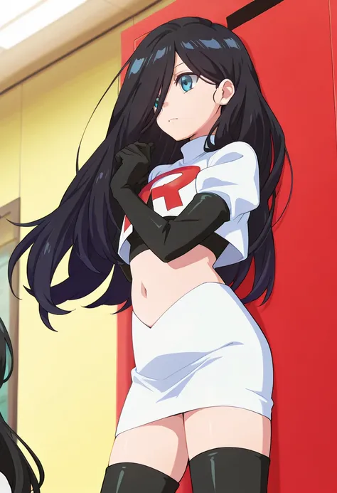 best quality, masterpiece
BREAK
1girl, natsukohirose, black hair, long hair, blue eyes,
team rocket,team rocket uniform,white skirt,red letter R,crop top,black thigh-highs,black elbow gloves, cowboy shot,
indoors