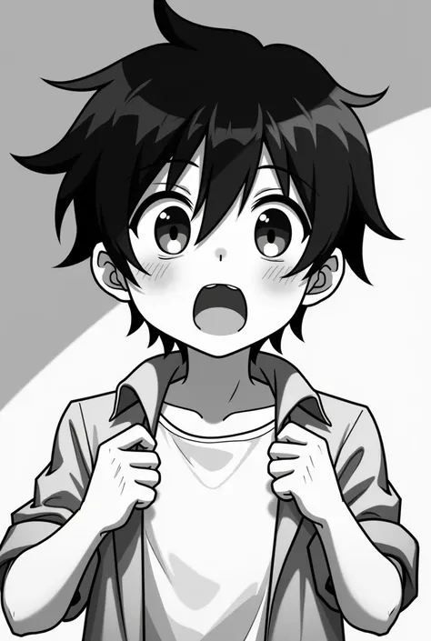 A boy with short black hair , brown eyes with a freckle on the left side of the mouth that is being dressed and yawning but in an adult version,  but whose image is black and white 