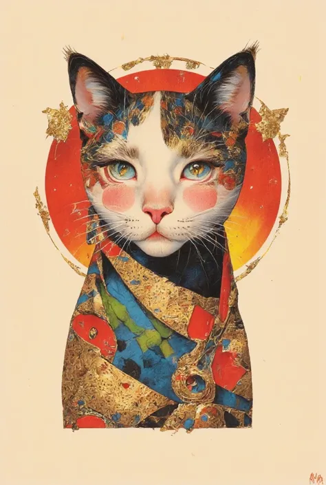 Incorporates a blend of watercolor and , maximalism artstyle, geometric artstyle) Incorporate vibrant colors, dynamic brushstrokes, and intriguing textures to capture the essence of the subject's inner world, capturing a surrealist vision, ffat cat