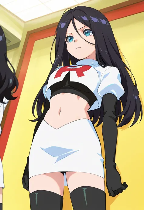 best quality, masterpiece
BREAK
1girl, natsukohirose, black hair, long hair, blue eyes,
team rocket,team rocket uniform,white skirt,red letter R,crop top,black thigh-highs,black elbow gloves, cowboy shot,
indoors