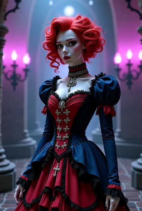 (8k, ​masterpiece, high resolution, top-quality, top-quality real texture skin, hyper realisitic, best quality, highly detailed, cinematic lighting), A pale-skinned woman with a bold, crimson-colored, curly, and voluminous poofy wig, dressed in a intricate...