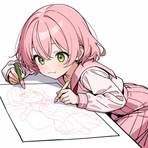 masterpiece, best quality, amazing quality, illustration, 1girl, solo, sketch, chibi, pink hair, 0_0, :3, short, short height, pink dress, green eyes, pink sailor collar, long skirt, holding crayon, pink crayon, basic background, white background