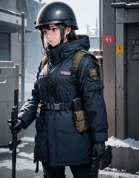 one female soldiers in deep navy thick coats、 Wear a helmet 、Standing guard at the front、Winter gloves ，Tactical shoulder strap、Magazine Pouch、 Holding a gun， Winter military base ， write details、 masterpiece、 are of the best quality 、High precision CG 、 8...