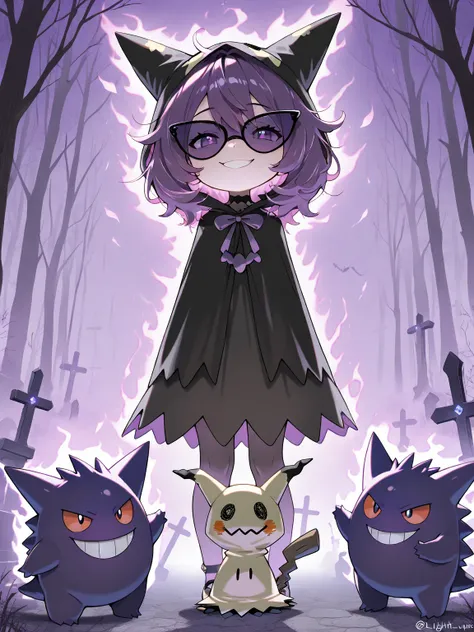 (1girl), Cute girl Pokemon Trainer with a playful, spooky aura, wearing a dark purple and black outfit inspired by Ghost-type Pokémon. Her outfit features subtle details like wispy, ethereal patterns and glowing accents. She has short, messy hair with shad...