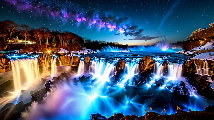 A masterpiece in 32K resolution , top quality , very detailed, realistic expression, high-resolution 32K wallpaper , shot with a fisheye lens , The flow of many layers of waterfall , Niagara Falls , spectacular scale ,A very high waterfall ...