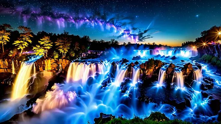 A masterpiece in 32K resolution , top quality , very detailed, realistic expression, high-resolution 32K wallpaper , shot with a fisheye lens , The flow of many layers of waterfall , Niagara Falls , spectacular scale ,A very high waterfall ...