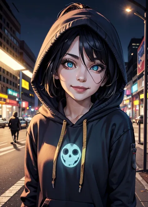 ((best quality)), ((masterpiece)), (detailed), perfect face, detailed background, masterpiece, best quality, smile, ornament, hoodie, portrait, blue neon, graffiti, dark, night, glowing eyes, blacklight