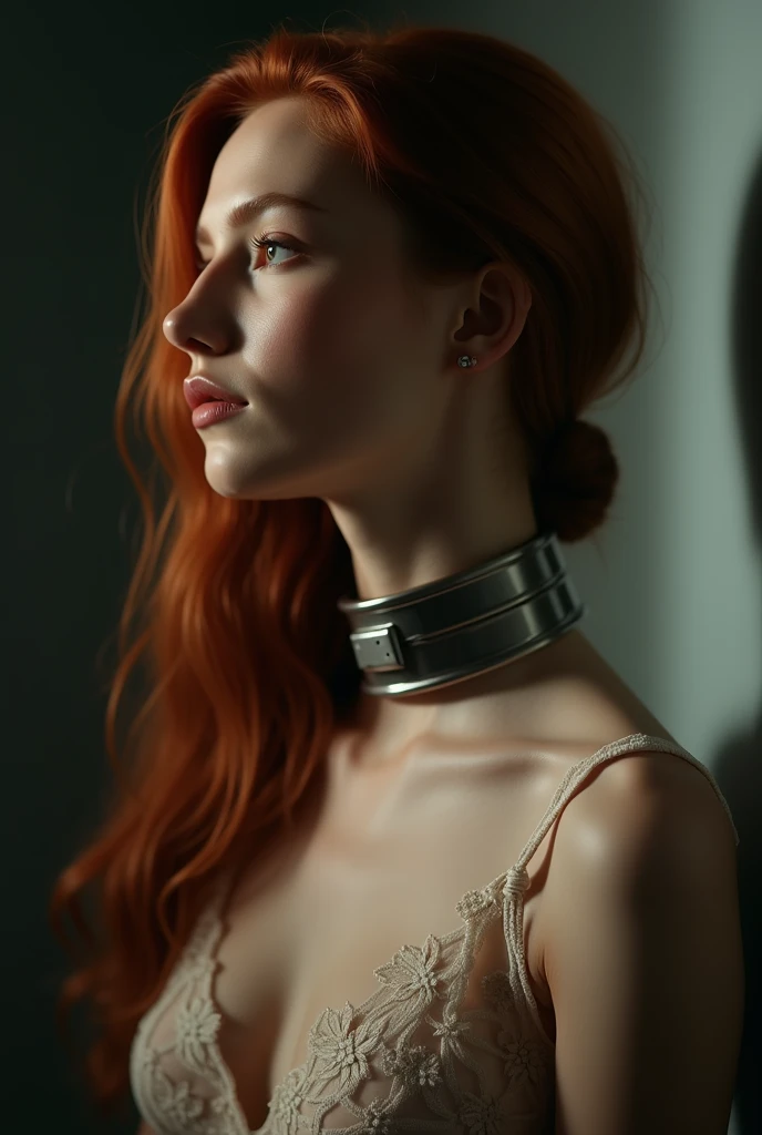 tight choker, snug steel one piece collar locked tight on her throat, cute redhead with long flowing hair in a transparent lace nightgown, nipple visible under lace nightgown