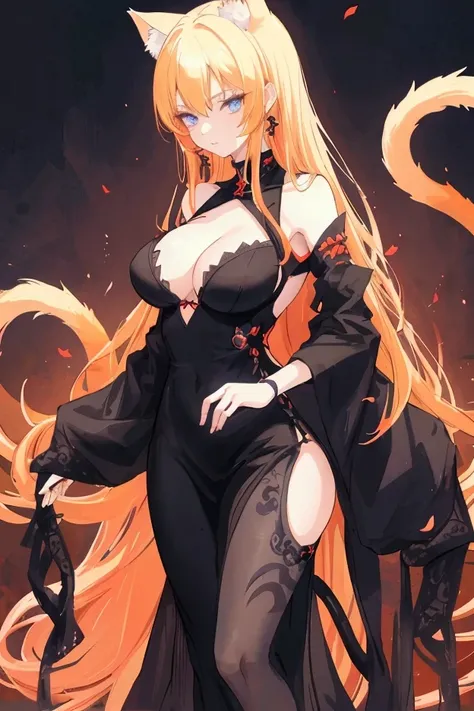 A beautiful mature women who is a Nekomata lady. Cat ear, five tails, is wearing a black and reddish orange dress, her chest fully covered, long loose bright blonde hair, blue eyes, confident stance, bold, serious.