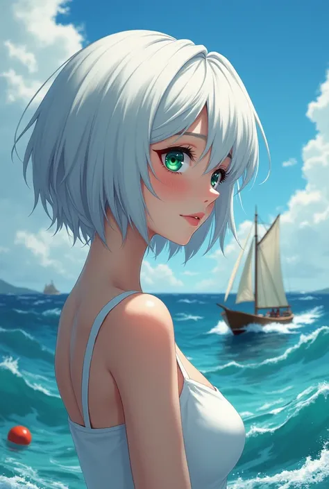  An image of a lady with short white hair and a serene face ,  with her green and blue eyes ,  a mix , Looking sideways at the rough sea,  a boat sailing on the waves high waves and a buoy floating along with the boat, soft scenery  , beautiful