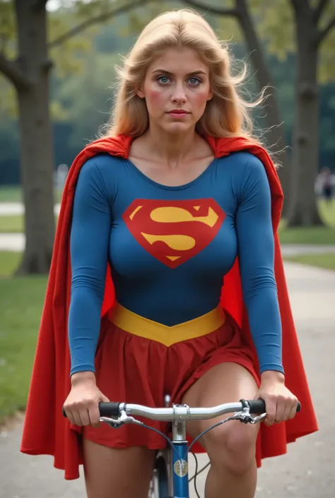 BLUE EYES BLONDE HAIR (SUPERGIRL) A VERY SEXY HELEN SLATER AS SUPERGIRL WITH BLUE EYES AND LONG HAIR, WEARING A SUPERGIRL COSTUME AND CAPE. RICH 4K HIGH RES COLORS, 8K DETAILS. BLUE EYES. RIDING HER BICYCLE THROUGH A PARK, HER CAPE BILLOWING BEHIND HER.