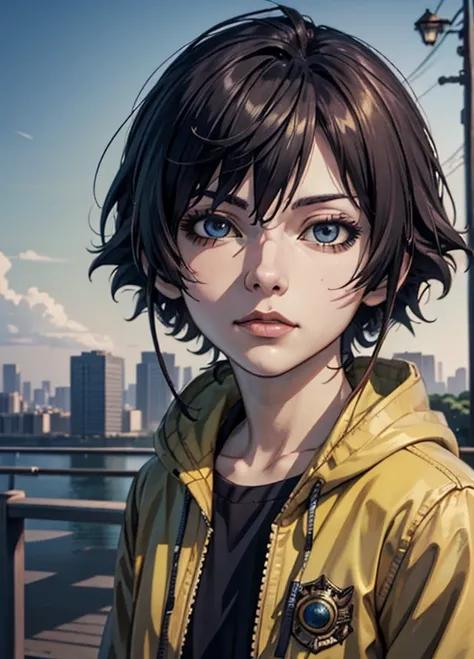 a close up of a person wearing a jacket and a yellow jacket, anime style portrait, made with anime painter studio, makoto shinkai art style, makoto, sayori, by Kamagurka, by Kamisaka Sekka, semirealistic anime style, satoshi kon artstyle, makoto shinkai st...