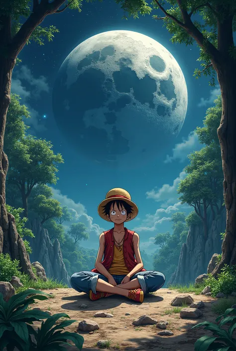 Luffy sitting in the moon in forest back ground