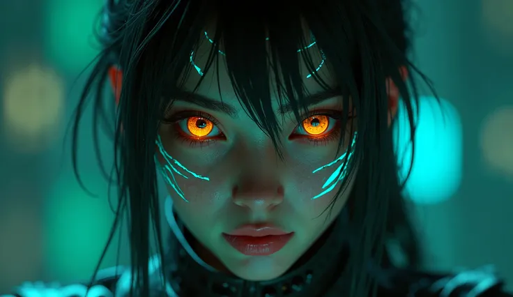 Photorealistic, ultra uhd, unreal engine 5, A harden warriors looking at camera, with iridescent tattoos glowing blue-green in color, her eyes are like the eyes of a cat, amber color eyes, soft skin, cyberpunk, steampunk, netrunner, shoulders relaxed, 4K 